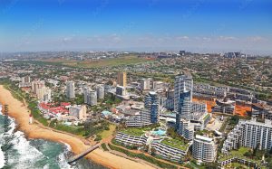 Durban, Kwa-Zulu Natal / South Africa - 10/15/2018: Aerial photo of Umhlanga Rocks and Lighthouse