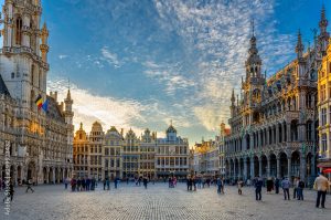 Grand Place (Grote Markt) with Town Hall (Hotel de Ville) and Maison du Roi (King's House or Breadhouse) in Brussels, Belgium. Grand Place is important tourist destination in Brussels.