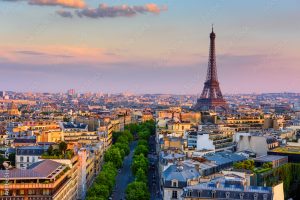 Skyline of Paris with Eiffel Tower in Paris, France. Panoramic sunset view of Paris