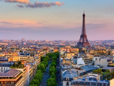 Skyline of Paris with Eiffel Tower in Paris, France. Panoramic sunset view of Paris