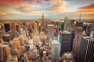 Sunset view of New York City looking over midtown Manhattan