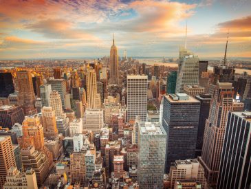 Sunset view of New York City looking over midtown Manhattan