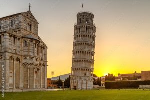 The Leaning Tower of Pisa at sunrise, Italy, Tuscany